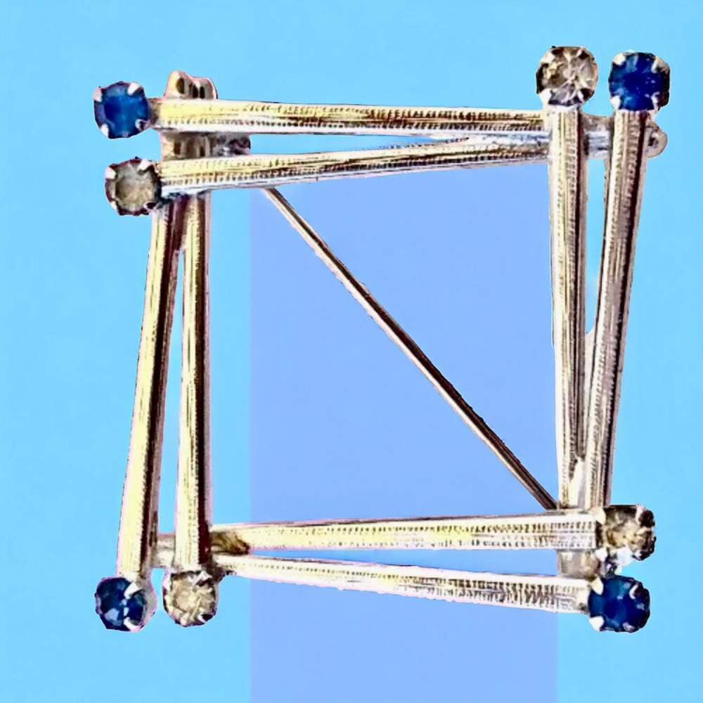 LU Brooch 12K White Gold Electroplate Blue & Clear Rhinstones Signed